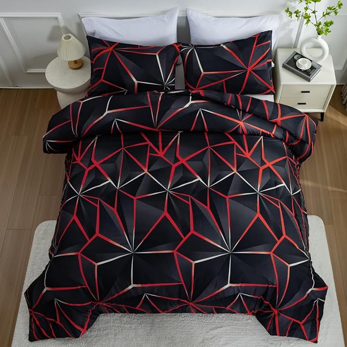 NTBED 3D Geometric Comforter Set for Boys Girls Kids, Irregular Diamond Pattern Lightweight Microfiber Bedding Sets All Season (Red, Twin) - LeafyLoom
