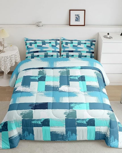 Teal Comforter Set Full Size Turquoise Comforter Blue Grey Grunge Ombre Bedding Set for Kids Boys Girls Adults Bedroom Decor Watercolor Abstract Contemporary Quilt Duvet Insert with 2 Pillowcases - LeafyLoom