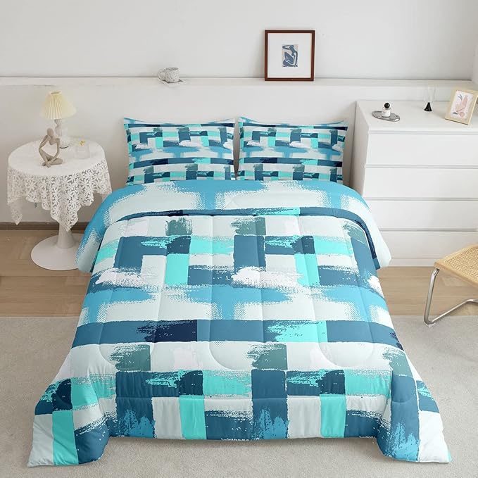 Teal Comforter Set Full Size Turquoise Comforter Blue Grey Grunge Ombre Bedding Set for Kids Boys Girls Adults Bedroom Decor Watercolor Abstract Contemporary Quilt Duvet Insert with 2 Pillowcases - LeafyLoom