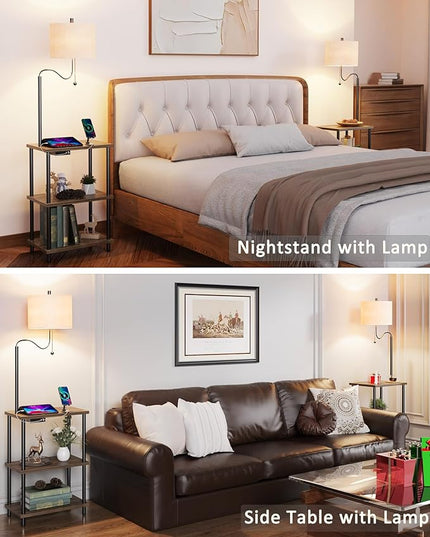 Set of 2 Floor Lamp with Table, End Table with USB Charging Port Type-C, Power Outlet, Bedside Nightstand Shelves, Side Table with Reading Standing Light for Living Room Bedroom(Brown) - LeafyLoom