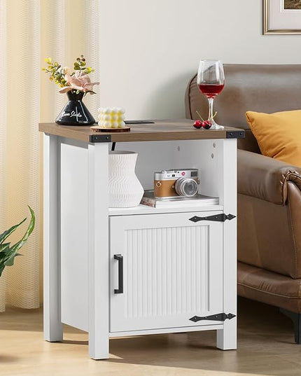 Nightstand with Charger Station and USB Port, 18 Inch Farmhouse Night Stand with Storage Shelf, Modern Couch Side Table with Magnetic Door, Bedside Tables for Bedroom, Home, Antique White - LeafyLoom