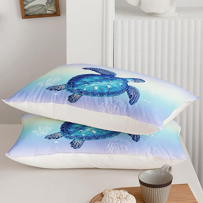 Turtle Comforter Twin Size,Ocean Comforter Set for Kids Teens Girls Boys,3Pcs Bedding Set Printed Comforter with 2 Pillowcases,Down Alternative,Soft and Lightweight(Blue，Twin Size) - LeafyLoom