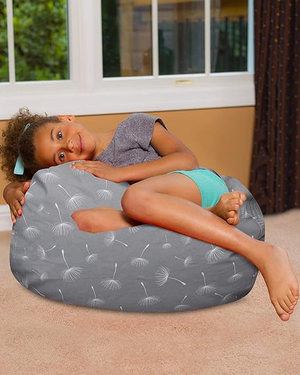 Posh Creations Bean Bag Chair for Kids, Teens, and Adults Includes Removable and Machine Washable Cover, Canvas White Dandelions on Gray, 27in - Medium - LeafyLoom