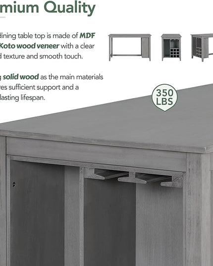 5 Piece Multi-Functional Rubber Wood Counter Height Dining Table Set with Padded Chairs and Integrated 9 Bar Compartment, Wine Glass Holders for Kitchen, Living Room, Grey+Light Gray - LeafyLoom
