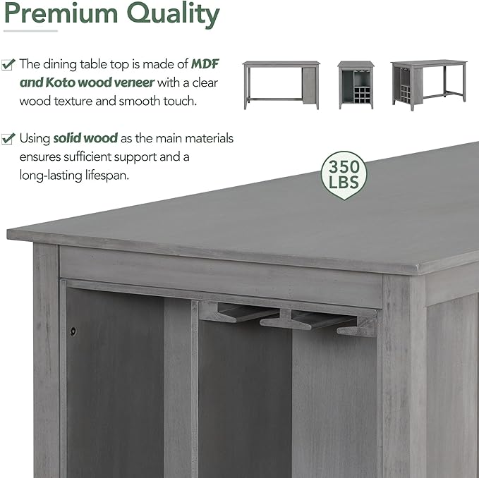 5 Piece Multi-Functional Rubber Wood Counter Height Dining Table Set with Padded Chairs and Integrated 9 Bar Compartment, Wine Glass Holders for Kitchen, Living Room, Grey+Light Gray - LeafyLoom