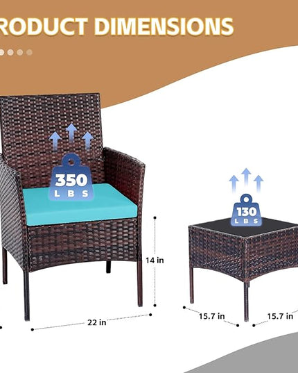 Patio Furniture Set 3 Pieces All-Weather Rattan Outdoor Furniture Patio Chairs with Tempered Glass Table for Porch Bistro Balcony Bistro Set(Brown/Blue) - LeafyLoom