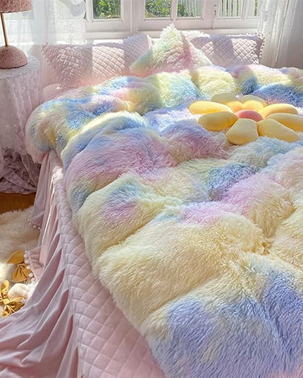 Faux Fur Kids Girls Sunshine Rainbow Comforter Sets Queen - 3PC Bed Set Warm Comfortable Soft Plush Flannel Velvet Fluffy Fuzzy Bedding（Comforter x 1 Pillowcases x 2） - LeafyLoom
