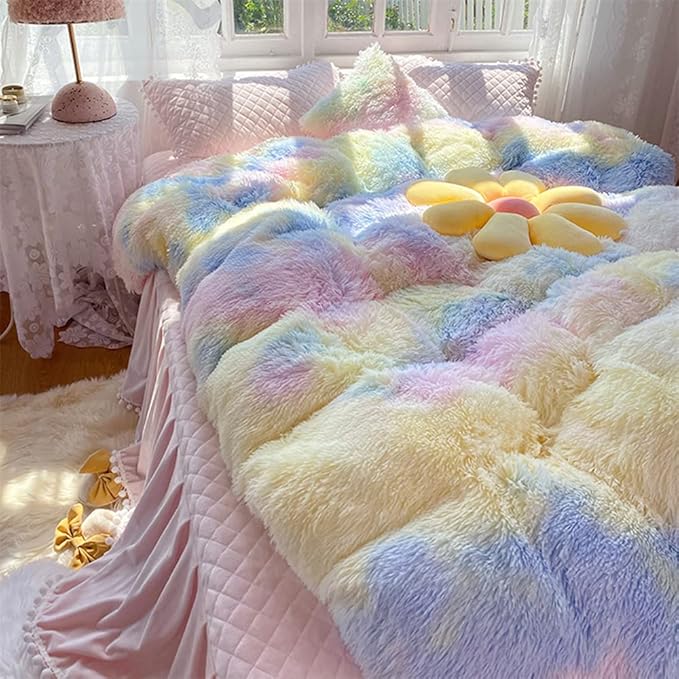 Faux Fur Kids Girls Sunshine Rainbow Comforter Sets Queen - 3PC Bed Set Warm Comfortable Soft Plush Flannel Velvet Fluffy Fuzzy Bedding（Comforter x 1 Pillowcases x 2） - LeafyLoom