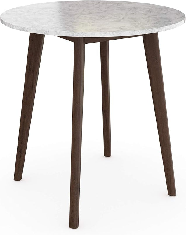 Nathan James Amalia Round Marble Bistro Dining Table with Legs in Wood Finish and Faux White Carrara Marble Table Top, Antique Coffee - LeafyLoom