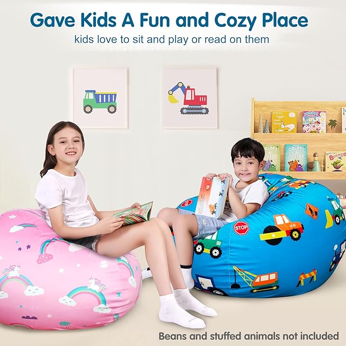 Lukeight Stuffed Animal Storage Bean Bag Chair Cover for Kids, Zipper Beanbag Chair Cover for Organizing Toddler & Kids' Rooms Plush Toys (Construction Velvet, XX-Large) - LeafyLoom