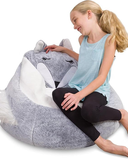 Posh Creations Cute Soft and Comfy Bean Bag Chair for Kids, Large, Animal - Silver Fox - LeafyLoom