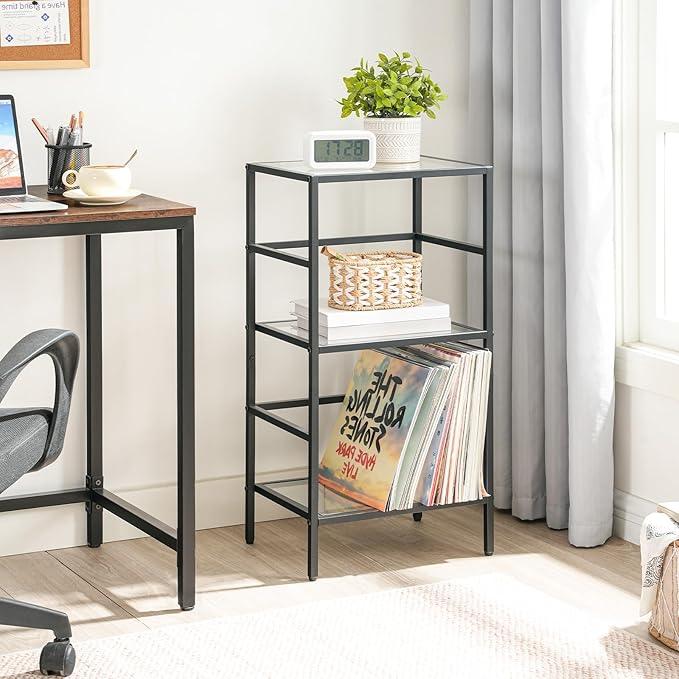 HOOBRO 3-Tier Bookcase, Tempered Glass Bookshelves, Record Storage Rack with Side Fence, Storage Shelves for Bathroom, Slim Shelving Unit for for Living Room, Home Office, Black BK81CJ01 - LeafyLoom