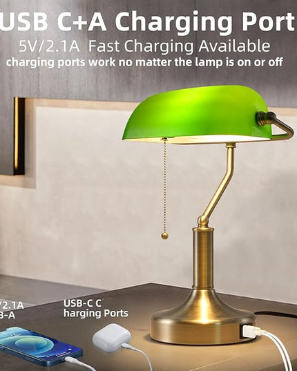 Banker Desk Lamp Green Glass, Antique Desk Lamps with Brass Base, Traditional Library Table Lamp with USB A and Type C Charging Port for Office, Study Room, Pull Chain Switch - LeafyLoom