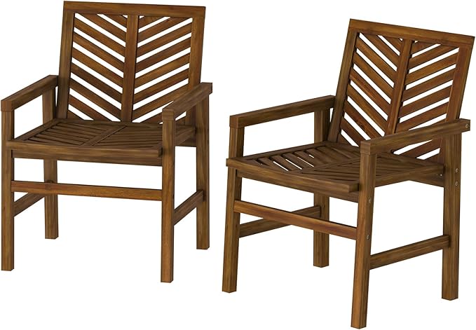 Walker Edison 2 Piece Outdoor Patio Chevron Wood Chair Set All Weather Backyard Conversation Garden Poolside Balcony, Set of 2, Dark Brown - LeafyLoom