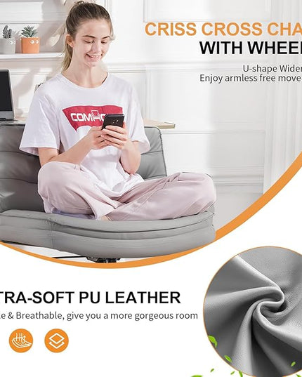 COMHOMA Criss Cross Chair with Wheels, Armless Wide Cross Legged Office Chair Mid Back, Modern Home Office Desk Chair Swivel Adjustable Vanity Computer Chair, Gray - LeafyLoom