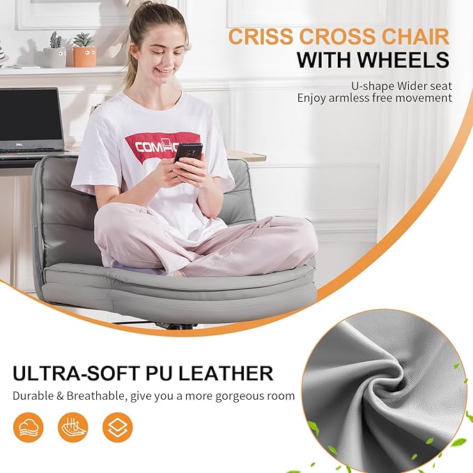 COMHOMA Criss Cross Chair with Wheels, Armless Wide Cross Legged Office Chair Mid Back, Modern Home Office Desk Chair Swivel Adjustable Vanity Computer Chair, Gray - LeafyLoom