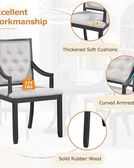 5-Piece Retro Elegant Extendable Round Dining Table Set with 4 Curved Armrest Upholstered Chairs for Kitchen, Breakfast Nook, Living Room, Oak, 42"-58" L x 42" W x 30" H, Black(Armchairs) - LeafyLoom