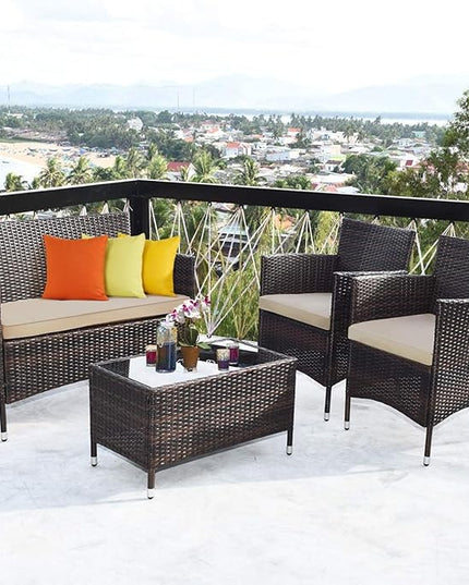LUARANE 4-Piece Rattan Patio Furniture Set, Outdoor Wicker Sofa Couch Table Set, w/Thick Seat Cushions Tempered Glass Coffee Table, Conversation Set for Lawn Garden Poolside Backyard (Brown) - LeafyLoom