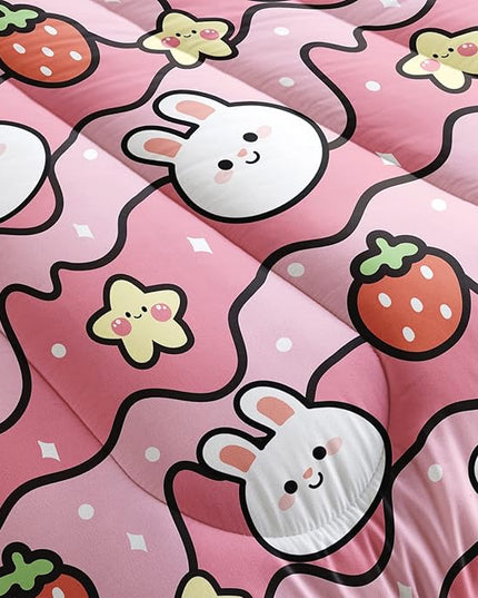 Kawaii Rabbit Comforter,Strawberry Rabbit Comforter Set for Kids Teens Girls,3Pcs Bedding Set Printed Comforter with 2 Pillowcases,Down Alternative,Soft and Lightweight(Pink，Full Size) - LeafyLoom