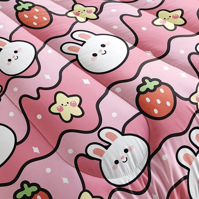 Kawaii Rabbit Comforter,Strawberry Rabbit Comforter Set for Kids Teens Girls,3Pcs Bedding Set Printed Comforter with 2 Pillowcases,Down Alternative,Soft and Lightweight(Pink，Twin Size) - LeafyLoom