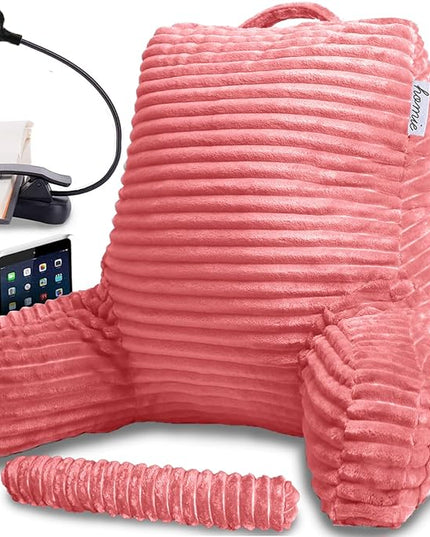 Homie Reading Pillow with Reading Light and Wrist Support, Has Arm Rests, and Back Support for Bed Rest, Lounging, Reading, Working on Laptop, Watching TV (Pink) - LeafyLoom