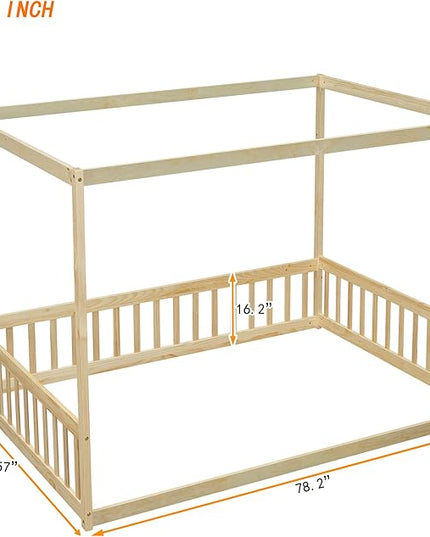 Full Size Canopy Bed Frame with Guardrails for Kids,Floor Bed Full with Four Poster Design,Kids Montessori Floor Bed,Wood Canopy Bed Frame for Girls,Boys(Full,Natural) - LeafyLoom