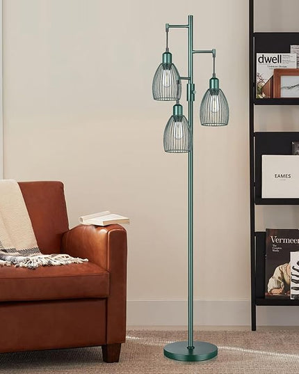 Dimmable Industrial Floor Lamps for Living Room, Green Tree Standing Tall Lamps with 3 Elegant Teardrop Cage Head & 800 Lumens LED Bulbs for Bedroom Office - LeafyLoom