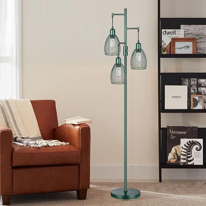 Dimmable Industrial Floor Lamps for Living Room, Green Tree Standing Tall Lamps with 3 Elegant Teardrop Cage Head & 800 Lumens LED Bulbs for Bedroom Office - LeafyLoom