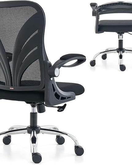Ergonomic Office Chair with Foldable Backrest, Computer Desk Chair with Flip-up Armrests, Mesh Lumbar Support and Tilt Function Big and Tall Office Chair, Black - LeafyLoom