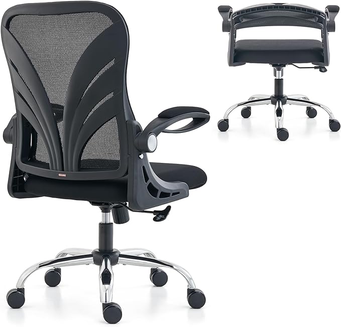 Ergonomic Office Chair with Foldable Backrest, Computer Desk Chair with Flip-up Armrests, Mesh Lumbar Support and Tilt Function Big and Tall Office Chair, Black - LeafyLoom