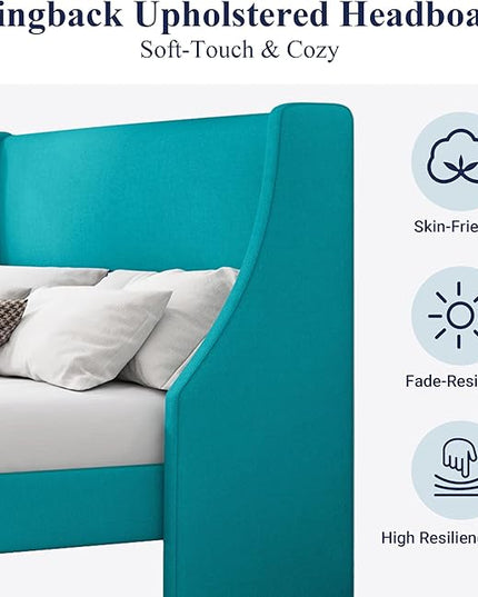 Allewie Queen Bed Frame, Platform Bed Frame Queen Size with Upholstered Headboard, Modern Deluxe Wingback, Wood Slat Support, Mattress Foundation, Peacock Green - LeafyLoom