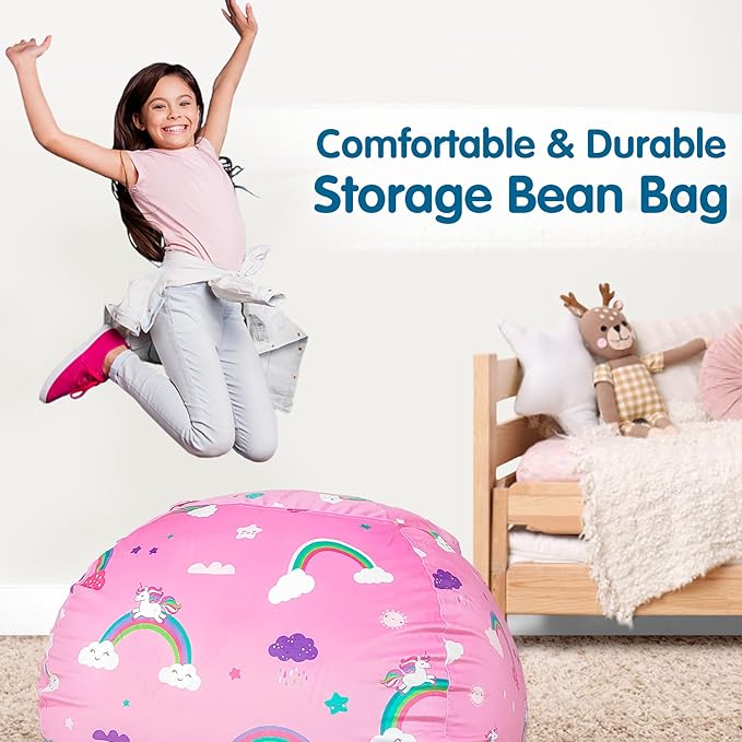 Lukeight Unicorns Stuffed Animal Storage Bean Bag Chair Cover for Kids, Unicorns Zipper Beanbag Chair Cover for Organizing Toddler & Kids' Rooms Plush Toys (Rainbow Pink, X-Large) - LeafyLoom