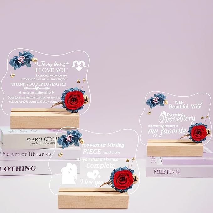 Yamonic Valentines Day Gifts for Her, Handmade Acrylic Plaque with Eternal Real Rose, Night Light with Preserved Rose Romantic Gifts for Girlfriend Wife Women (My Missing Piece) - LeafyLoom