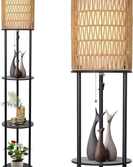 Floor Lamp with Shelves, Corner Floor Lamps for Living Room, Boho Floor Lamp with Double Shades, Rattan Standing Lamp for Bedroom Office, Shelf Tall Floor Lamp for Storage Display, Home Decor - LeafyLoom