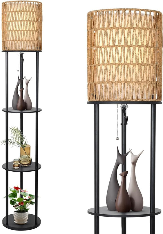 Floor Lamp with Shelves, Corner Floor Lamps for Living Room, Boho Floor Lamp with Double Shades, Rattan Standing Lamp for Bedroom Office, Shelf Tall Floor Lamp for Storage Display, Home Decor - LeafyLoom