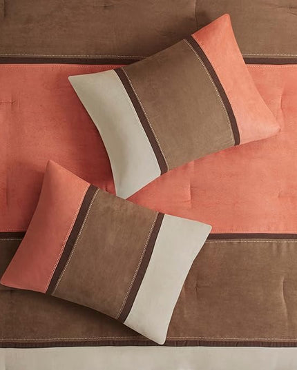 Madison Park Palisades Comforter Set Modern Faux Suede Pieced Stripe Design, All Season Down Alternative Cozy Bedding with Matching Shams, Decorative Pillows, Cal King(104"x92"), Coral 7 Piece - LeafyLoom