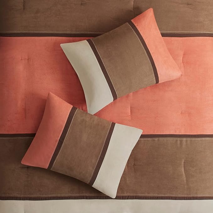 Madison Park Palisades Comforter Set Modern Faux Suede Pieced Stripe Design, All Season Down Alternative Cozy Bedding with Matching Shams, Decorative Pillows, Cal King(104"x92"), Coral 7 Piece - LeafyLoom