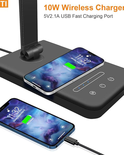 LED Desk Lamp with Wireless charging，Dimmable Desk Light, 5 Light Colors, 6 Brightness Levels, Touch Control Table Lamp with USB Rechargeable, Auto Timer, for College Dorm, Home, Office - LeafyLoom
