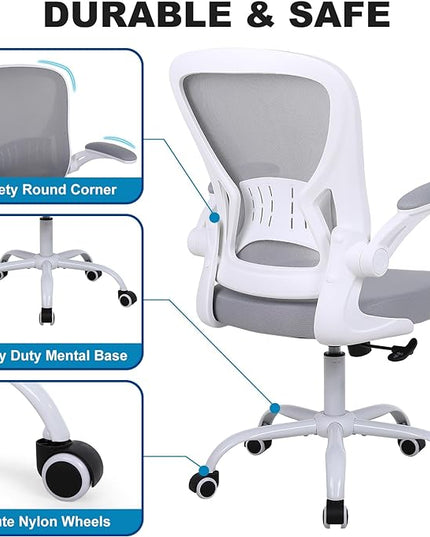 Mesh Office Chair, Ergonomic Computer Chair with Flip-up Arms and Lumbar Support, Height Adjustable Home Office Desk Chairs, Grey - LeafyLoom