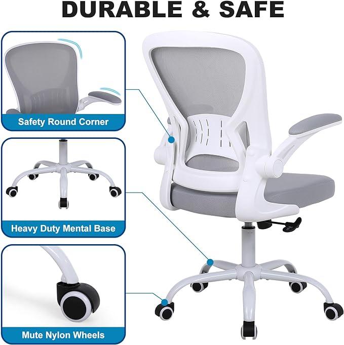 Mesh Office Chair, Ergonomic Computer Chair with Flip-up Arms and Lumbar Support, Height Adjustable Home Office Desk Chairs, Grey - LeafyLoom