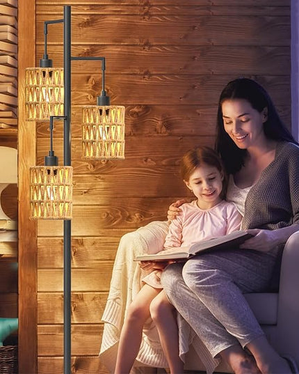 3-Lights Rattan Floor Lamps with ON/Off Foot Switch Tree Standing Lamp with Wood Rattan Lampshades Boho Floor Lamp Tall Pole Lamp for Living Room Bedroom Office, 3 PCS 6W Bulbs Included - LeafyLoom
