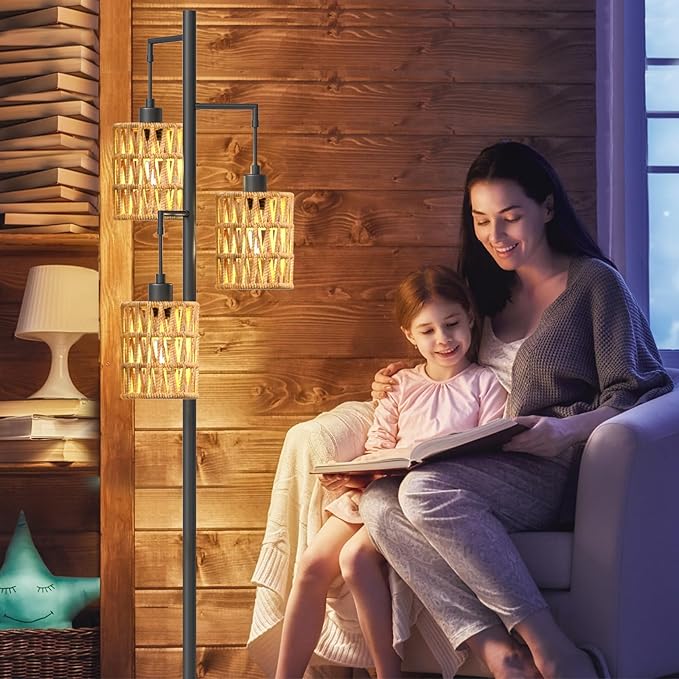 3-Lights Rattan Floor Lamps with ON/Off Foot Switch Tree Standing Lamp with Wood Rattan Lampshades Boho Floor Lamp Tall Pole Lamp for Living Room Bedroom Office, 3 PCS 6W Bulbs Included - LeafyLoom