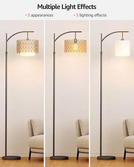 Boho Arc Rattan Floor Lamp with Remote Control - Tall Standing Lamp for Living Room, Mid Century Farmhouse Floor Lamp, Adjustable Height and 360° Rotation for Bedroom, Study Room - LeafyLoom