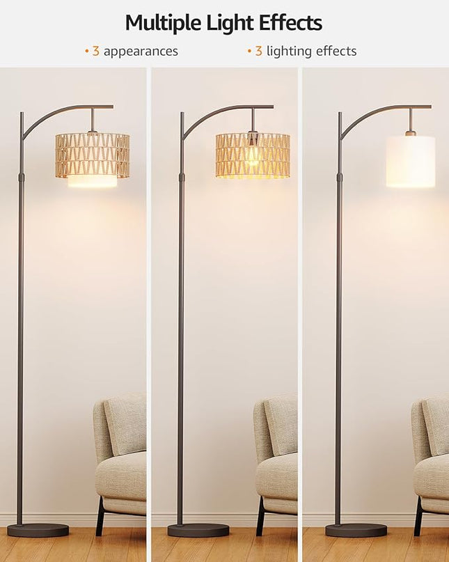 Boho Arc Rattan Floor Lamp with Remote Control - Tall Standing Lamp for Living Room, Mid Century Farmhouse Floor Lamp, Adjustable Height and 360° Rotation for Bedroom, Study Room - LeafyLoom