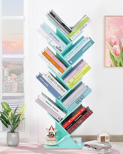 10 Tier Tree Book Shelf, Floor Standing Wood Bookshelf for Narrow Space, Storage Organizer Bookshelves for Books/CDs/Magazine, Bookcase with Shelves for Home Office, Living Room - Green - LeafyLoom