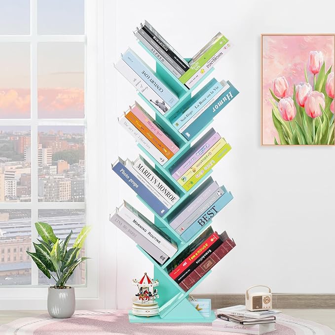 10 Tier Tree Book Shelf, Floor Standing Wood Bookshelf for Narrow Space, Storage Organizer Bookshelves for Books/CDs/Magazine, Bookcase with Shelves for Home Office, Living Room - Green - LeafyLoom