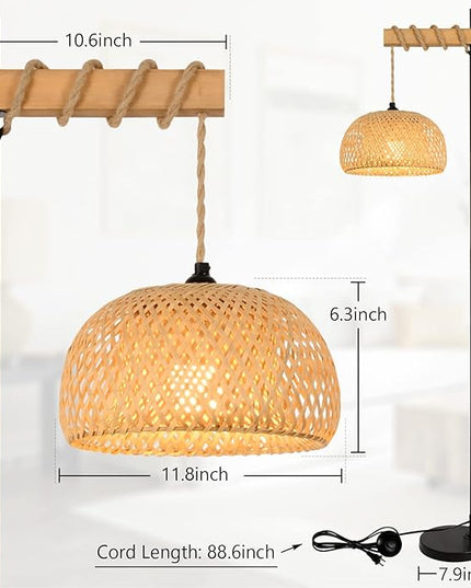 Boho Floor Lamp with Remote, Farmhouse Dimmable Rattan Standing Lamp with Smart Blub, Bamboo Lampshade, App Control, Wood Black Tall Lamp for Living Room Bedroom Office, 9W LED Bulb Included - LeafyLoom