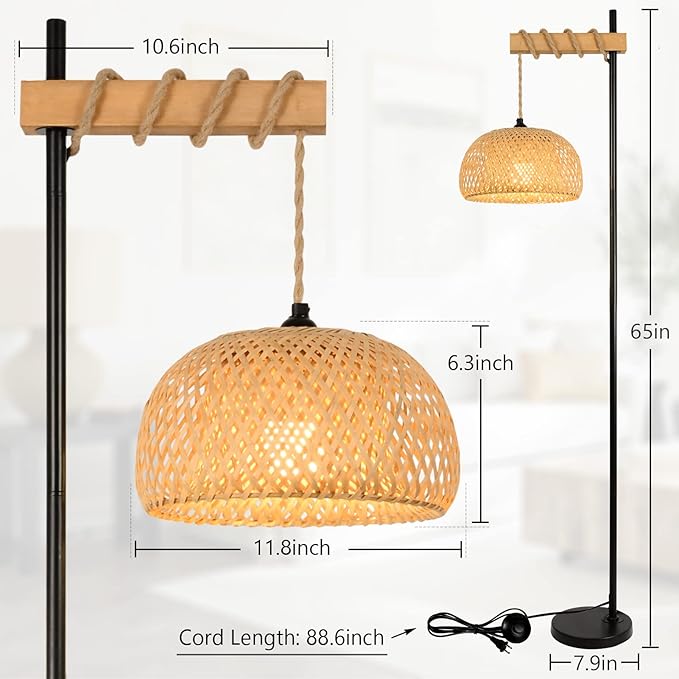 Boho Floor Lamp with Remote, Farmhouse Dimmable Rattan Standing Lamp with Smart Blub, Bamboo Lampshade, App Control, Wood Black Tall Lamp for Living Room Bedroom Office, 9W LED Bulb Included - LeafyLoom