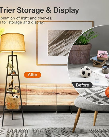 OUTON Tripod Floor Lamp with Shelves, Modern Shelf Floor Lamp with Remote, 4 Color Temperature, Dimmable Tall Standing Corner Lamp with Beige Linen Texture Shade for Living Room, Bedroom, Office - LeafyLoom