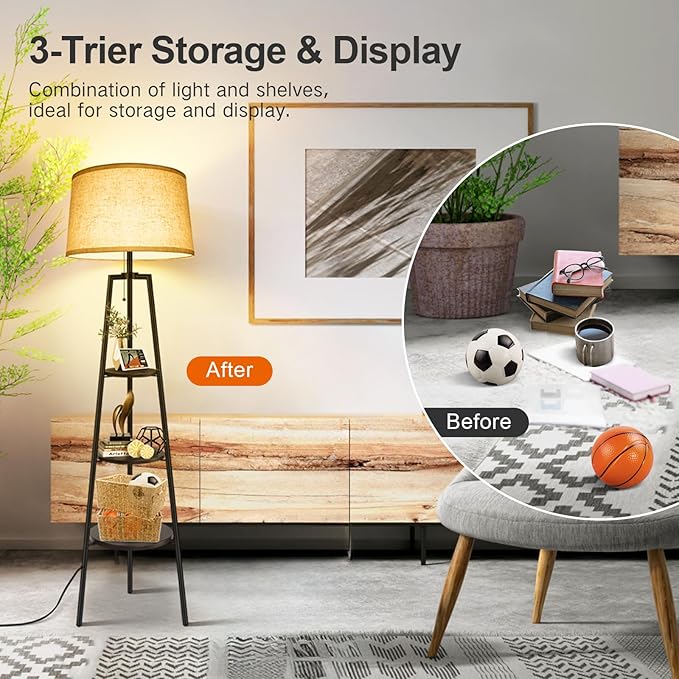 OUTON Tripod Floor Lamp with Shelves, Modern Shelf Floor Lamp with Remote, 4 Color Temperature, Dimmable Tall Standing Corner Lamp with Beige Linen Texture Shade for Living Room, Bedroom, Office - LeafyLoom